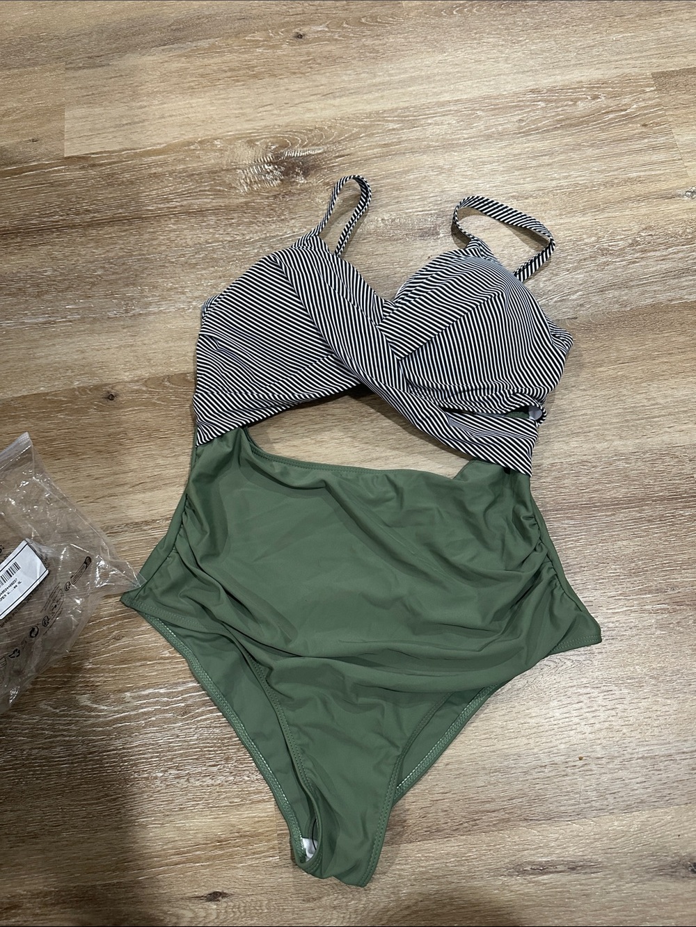 Striped Black & White Top with Olive Green One-Piece Swim sexy cutout